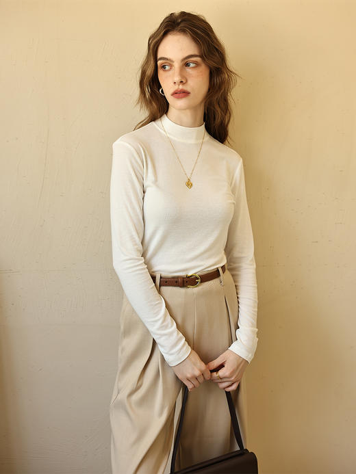 HeyDress天丝羊毛针织衫女秋季修身半高领打底衫圆领薄款内搭T恤 商品图2