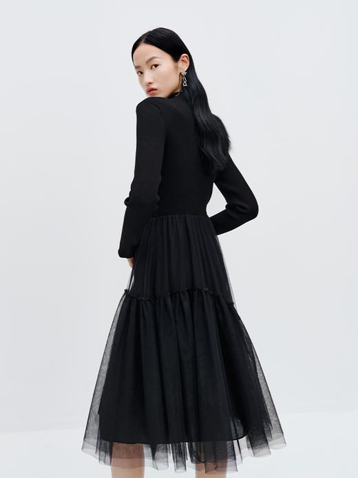 NEELLY纳俪商场同款针织网纱拼接连衣裙2023秋新款黑色新中式长裙N23083Y01146 商品图3