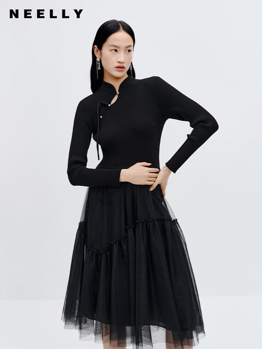 NEELLY纳俪商场同款针织网纱拼接连衣裙2023秋新款黑色新中式长裙N23083Y01146 商品图2