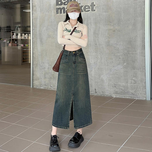 【前开叉水泥灰高腰牛仔半身裙】秋冬新款 百搭显瘦高腰牛仔裙 商品图2