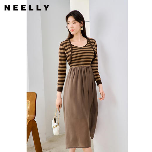 NEELLY纳俪商场同款条纹撞色拼接连衣裙2023秋季新款含羊毛中长裙N23074Y06623 商品图2
