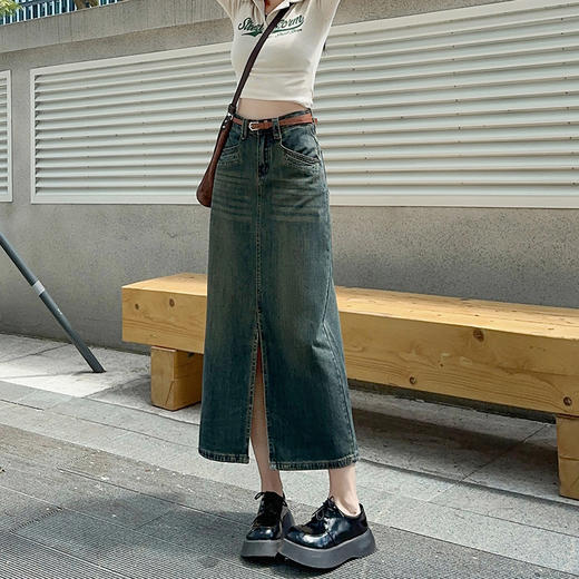 【前开叉水泥灰高腰牛仔半身裙】秋冬新款 百搭显瘦高腰牛仔裙 商品图0