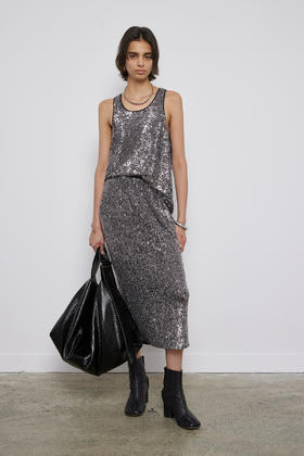 亮片开衩中长半裙