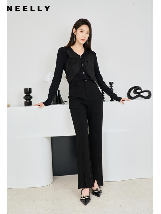 NEELLY纳俪商场同款V领针织衫2023秋 新款黑色蝴蝶结长袖修身上衣N23084A04406 商品图1