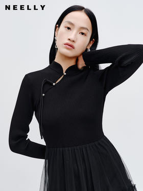 NEELLY纳俪商场同款针织网纱拼接连衣裙2023秋新款黑色新中式长裙N23083Y01146