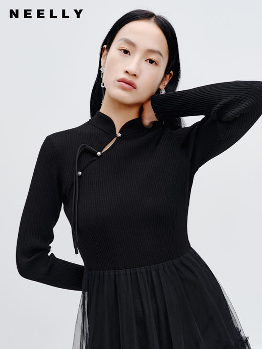 NEELLY纳俪商场同款针织网纱拼接连衣裙2023秋新款黑色新中式长裙N23083Y01146 商品图0