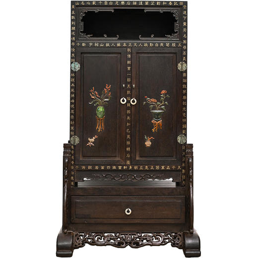 二十世纪 紫檀百宝嵌花卉诗文插屏式亮格柜摆件 商品图5