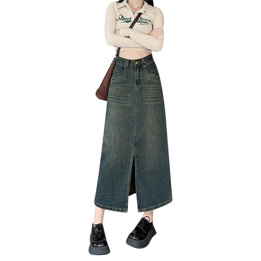 【前开叉水泥灰高腰牛仔半身裙】秋冬新款 百搭显瘦高腰牛仔裙 商品图4