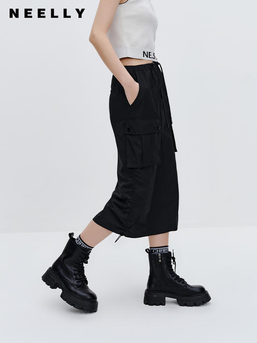 NEELLY纳俪商场同款工装半身裙女2023早秋新款黑色复古中长款半裙N23072E01051 商品图2