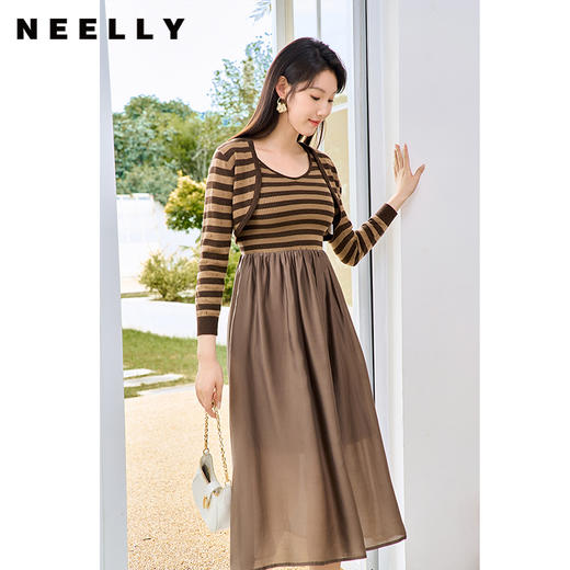 NEELLY纳俪商场同款条纹撞色拼接连衣裙2023秋季新款含羊毛中长裙N23074Y06623 商品图1