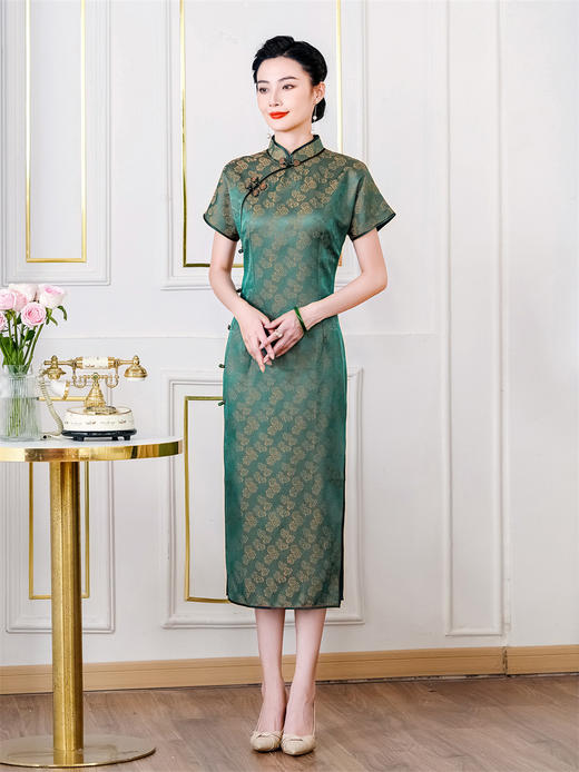 HQ-219夏季新款绿色桑蚕丝新中式国风复古修身气质长款真丝旗袍裙女 商品图2