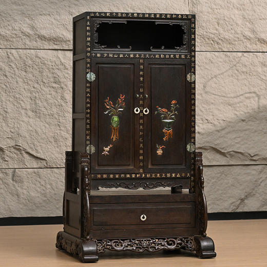 二十世纪 紫檀百宝嵌花卉诗文插屏式亮格柜摆件 商品图4