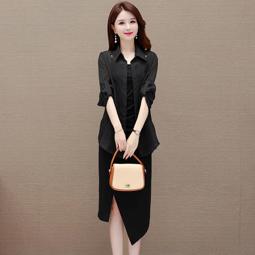 修身时尚，秋款中长款皱褶不规则连衣裙长袖轻薄外搭两件套QYM-AH-23A1884-L 商品图1