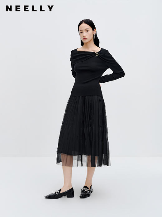 NEELLY纳俪商场同款黑色网纱半身裙2023秋新款遮胯显瘦法式中长裙N23083E01159 商品图2