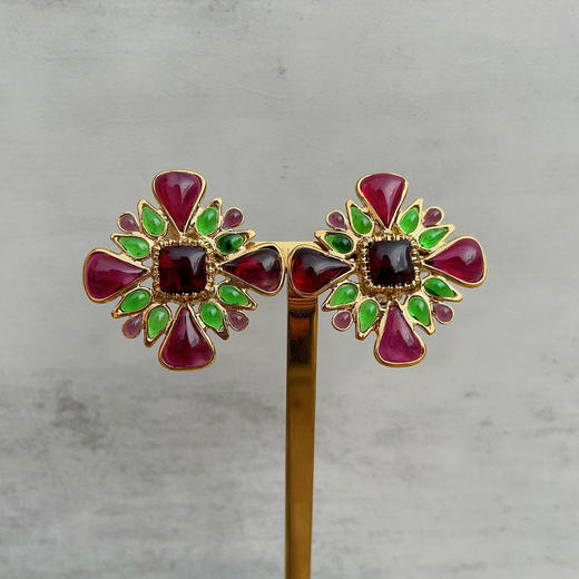 订购6个月到｜Gripoix Paris-Vintage Cross-复古 红绿色 琉璃 耳环［法国设计师］ 商品图2