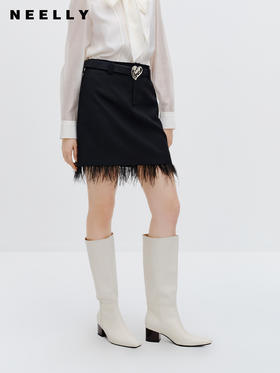NEELLY纳俪商场同款流苏边半身裙女2023秋新款黑色显瘦流行A字裙N23083E01158