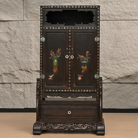 二十世纪 紫檀百宝嵌花卉诗文插屏式亮格柜摆件