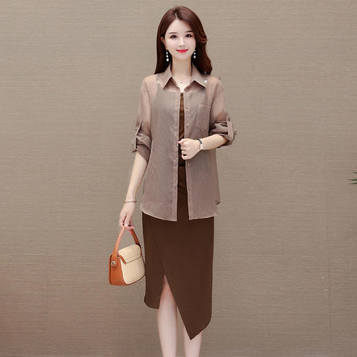 修身时尚，秋款中长款皱褶不规则连衣裙长袖轻薄外搭两件套QYM-AH-23A1884-L 商品图0