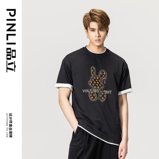 PINLI品立春季新款兔子烫钻短袖T恤纯棉休闲体恤BG231111054 商品图0