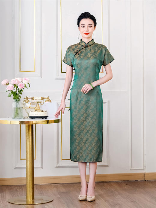 HQ-219夏季新款绿色桑蚕丝新中式国风复古修身气质长款真丝旗袍裙女 商品图0