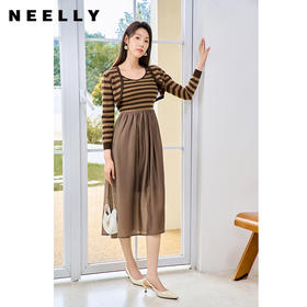 NEELLY纳俪商场同款条纹撞色拼接连衣裙2023秋季新款含羊毛中长裙N23074Y06623