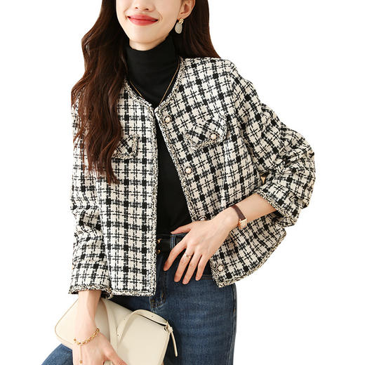 SMZ9454 2023新款秋季小香风高级感别致上衣格子遮肚显瘦时尚短款外套女潮 商品图4