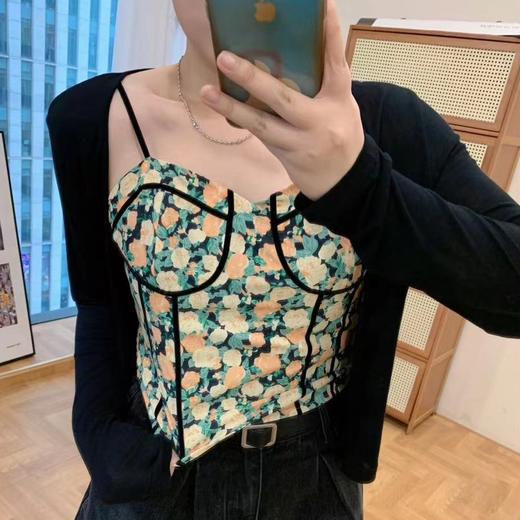 纯欲辣妹 纯色百搭短款开衫+碎花吊带印花v领小众内搭 商品图0