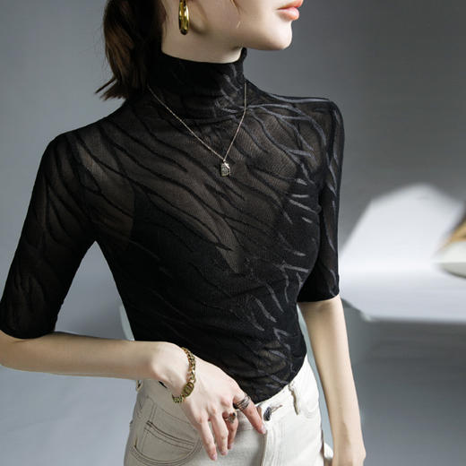 K20226078早秋薄款上衣春秋新款半袖打底衫微透内搭洋气网纱小衫 商品图3