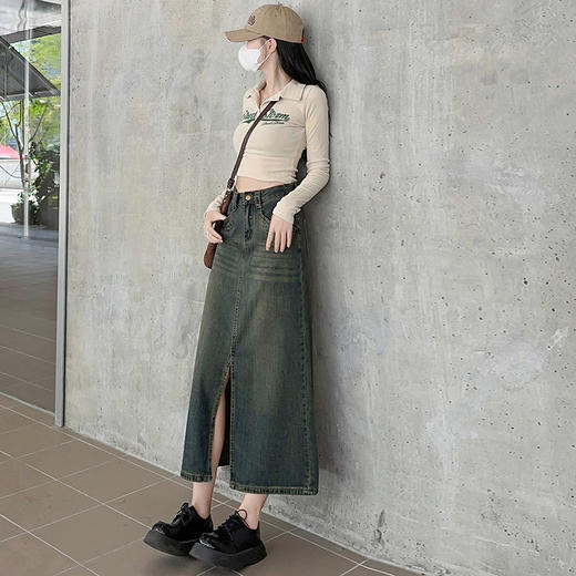 【前开叉水泥灰高腰牛仔半身裙】秋冬新款 百搭显瘦高腰牛仔裙 商品图3