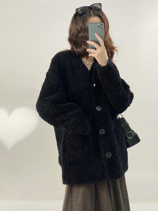 YX【定制17天】中长款颗粒绒羊毛大衣女2022冬季新款韩版小众宽松羊剪绒皮草外套 商品图4