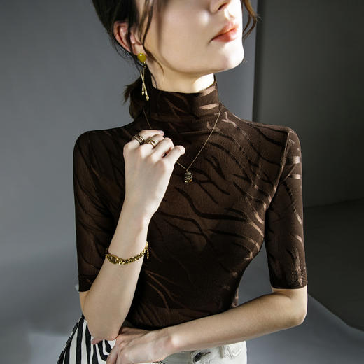 K20226078早秋薄款上衣春秋新款半袖打底衫微透内搭洋气网纱小衫 商品图0