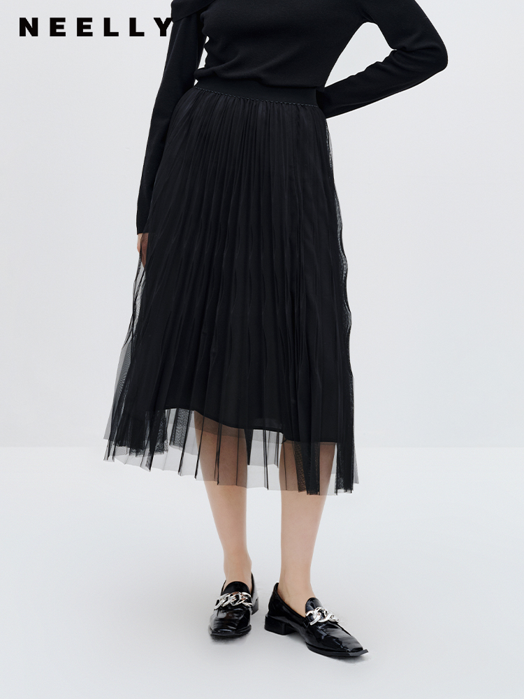 NEELLY纳俪商场同款黑色网纱半身裙2023秋新款遮胯显瘦法式中长裙N23083E01159