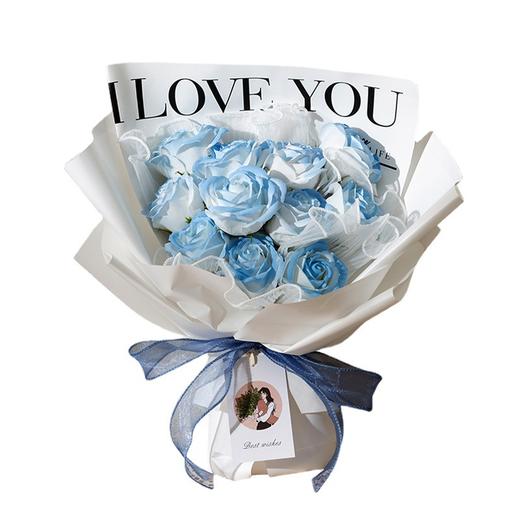【给你的星辰大海！布达佩斯之恋网红花束】11朵玫瑰寓意一生一世，碎冰蓝玫瑰，气味芳香，触感逼真，可长久保存，高端大气，送礼方便有面子！七夕情人节礼物，送女友闺蜜必备香皂花成品七夕 商品图4