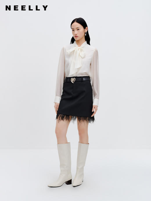 NEELLY纳俪商场同款流苏边半身裙女2023秋新款黑色显瘦流行A字裙N23083E01158 商品图1