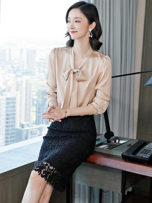 LS-832丝绸2023年春装新款时尚纯色蝴蝶结飘带职业气质桑蚕丝衬衫女 商品图2