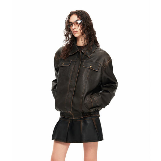 NUTH“皮革夹克”｜棕色皮衣复古洗褪做旧宽松皮外套（发货时间同步天猫） 商品图1