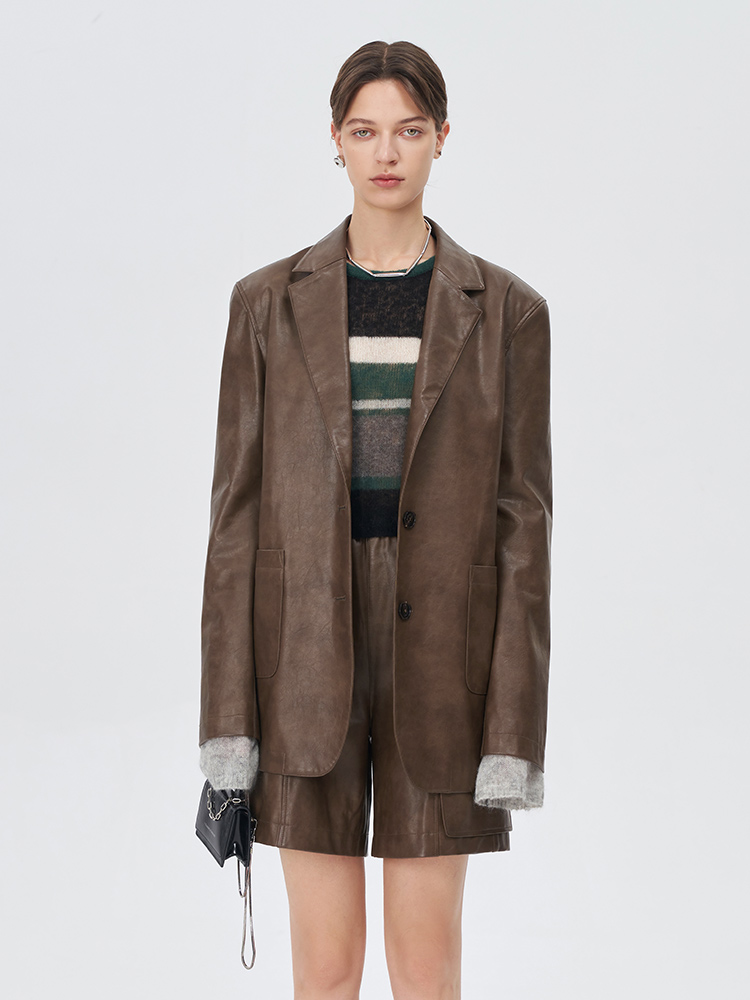 Self Who棕色复古PU皮衣外套女2023新款美拉德风秋高级感今年流行机车上衣