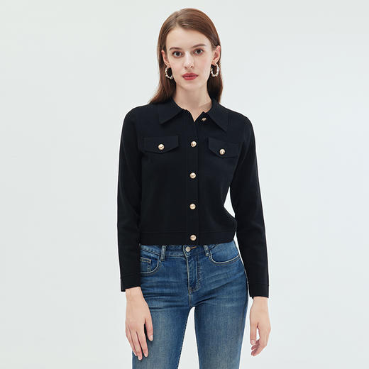 EITIE/爱特爱可机洗羊毛衫时尚显瘦黑色polo翻领针织开衫秋新款C01208 商品图2