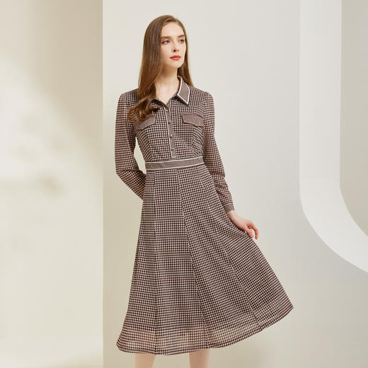 NG807斯尔丽瑟俪2023秋季新款定位弹力印花高腰节显瘦长袖A摆连衣裙 商品图0