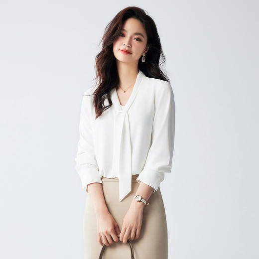 【系带领口】罗蒙女式长袖衬衫时尚优雅简约百搭气质V领通勤女衬衫 商品图5