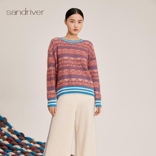 羊绒桑蚕丝提花长袖圆领套衫SJF95W499K 商品图1