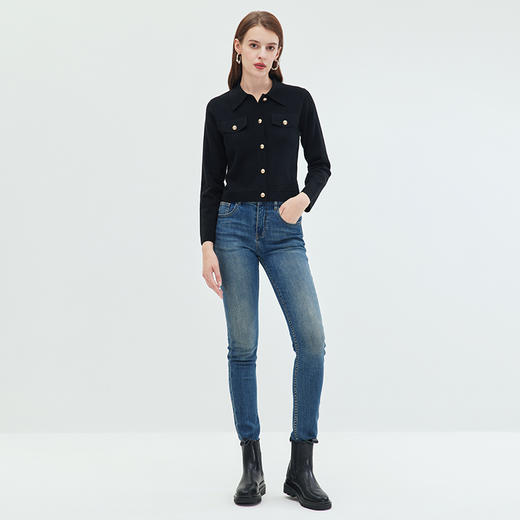 EITIE/爱特爱可机洗羊毛衫时尚显瘦黑色polo翻领针织开衫秋新款C01208 商品图3