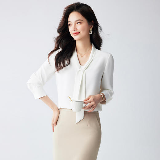 【系带领口】罗蒙女式长袖衬衫时尚优雅简约百搭气质V领通勤女衬衫 商品图4