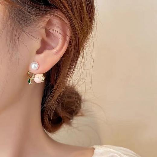 郁金香耳钉两戴后挂式粉色花朵耳环夏天小清新s925银针珍珠耳饰女 商品图8