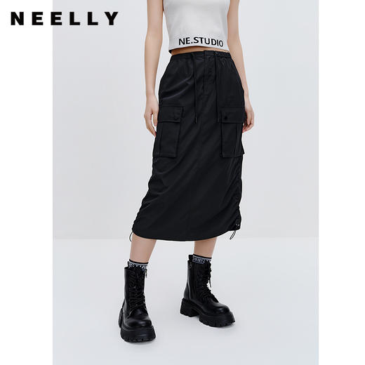 NEELLY纳俪商场同款工装半身裙女2023早秋新款黑色复古中长款半裙N23072E01051 商品图0