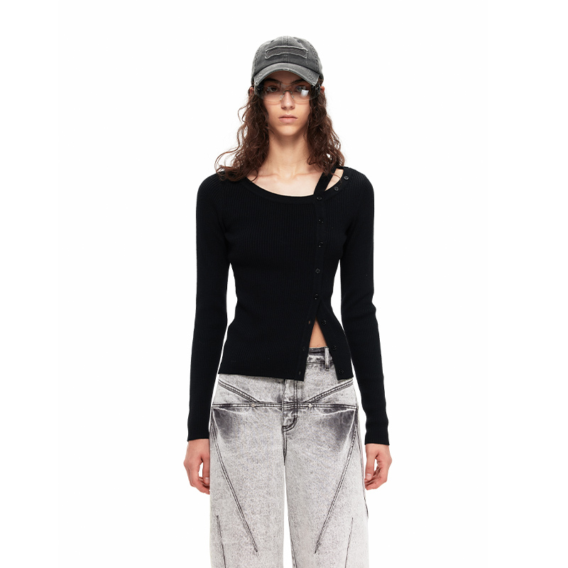 NUTH长袖针织衫女修身不对称简约百搭开衫上衣