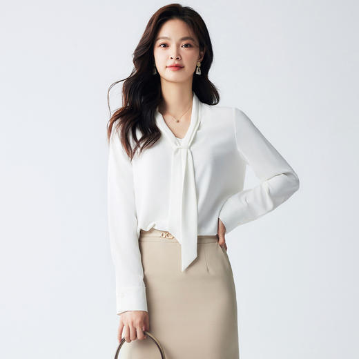 【系带领口】罗蒙女式长袖衬衫时尚优雅简约百搭气质V领通勤女衬衫 商品图6