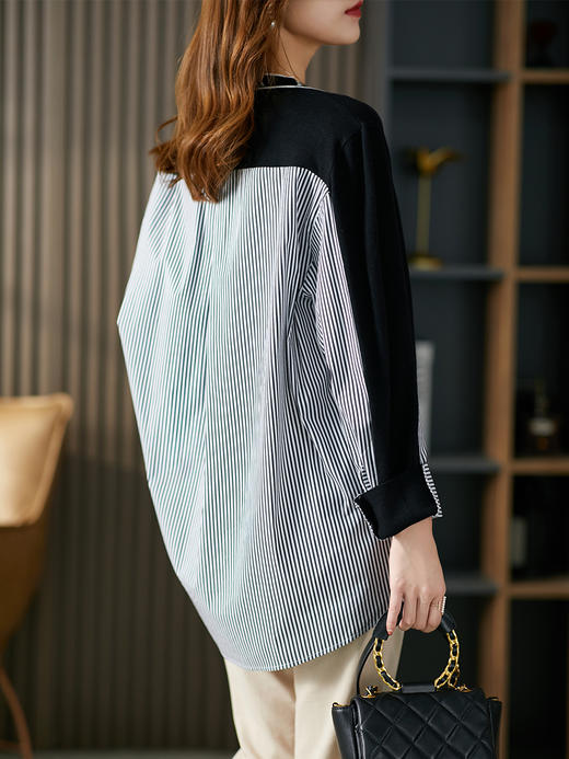 YX【现货7天】条纹V领羊毛针织衫开衫女秋季2023新款毛衣外套长袖衬衫上衣 商品图3