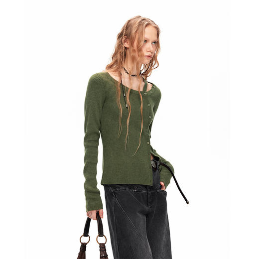 NUTH长袖针织衫女修身不对称简约百搭开衫上衣 商品图1