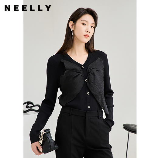 NEELLY纳俪商场同款V领针织衫2023秋 新款黑色蝴蝶结长袖修身上衣N23084A04406 商品图0
